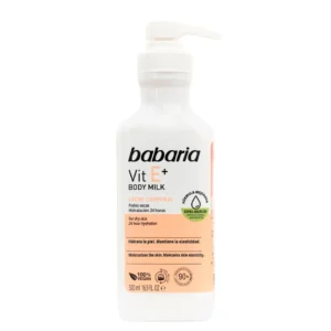 لوسیون بدن ویتامین E باباریا Babaria مدل +Vit E – آبرسانی 24 ساعته و مناسب پوست‌های خشک | حجم 500 میلی‌لیتر