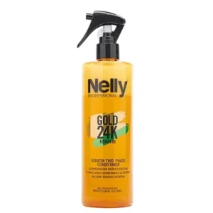 اسپری دوفاز نرم کننده مو نلی پروفشنال Nelly Professional مدل Gold 24K Keratin – حاوی کراتین و روغن آرگان | حجم 400 میلی‌لیتر
